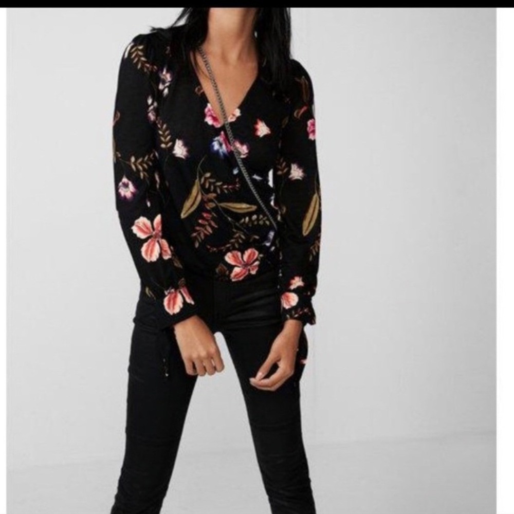 Express Black Floral Surplice Wrap Top Long Sleeve Tie Cuff Ruched M Y2K 90s